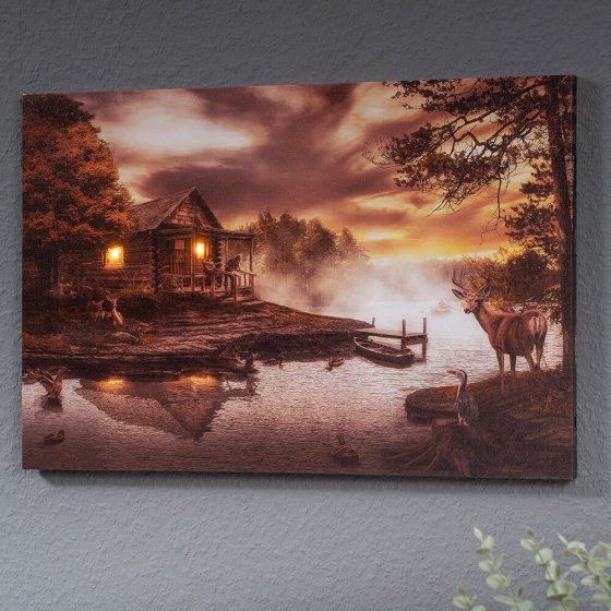 Tableau mural LED  "cabane en bord de lac" 