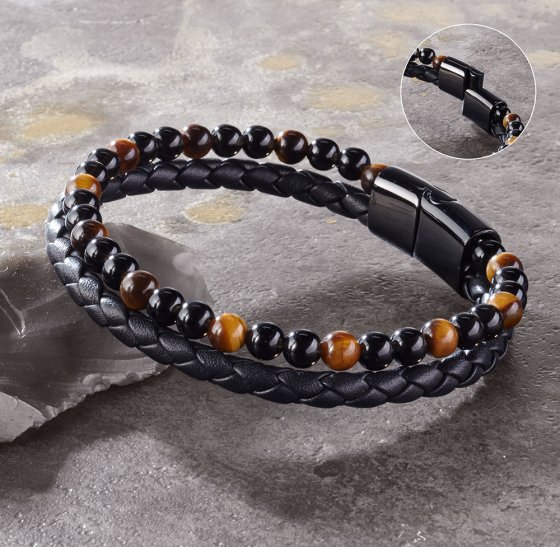 Herren Leder-Armband mit Edelsteinen 