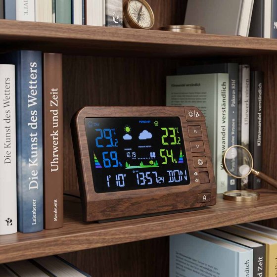 Station météo de table télécommandée, aspect bois 
