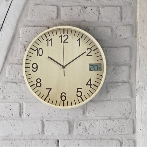 Horloge murale radiopilotée en bois avec affichage de la température 