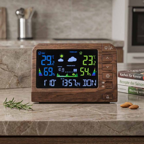 Station météo de table télécommandée, aspect bois 